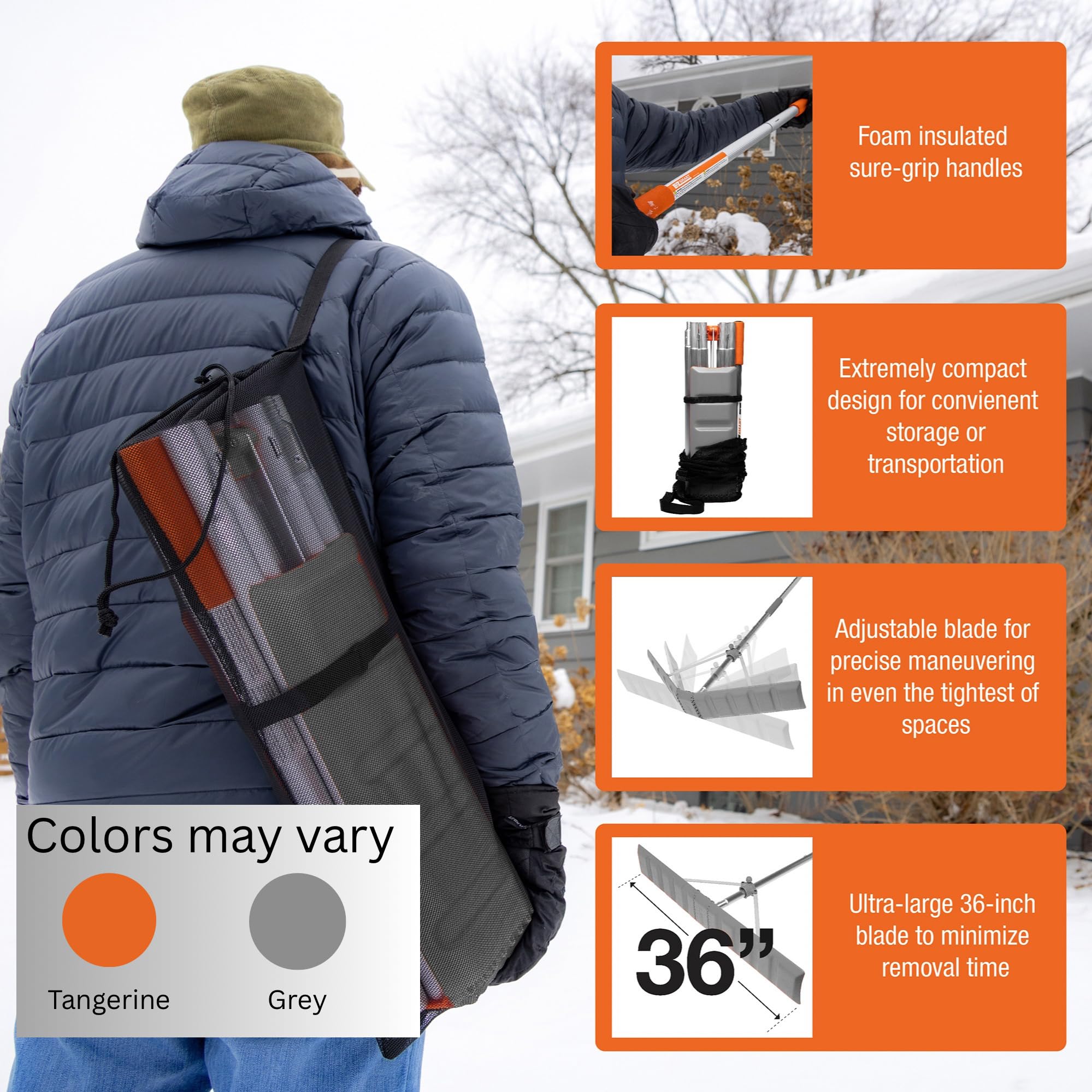 EZ SMART Snow Roof Rake collapsible pole assembly for easy setup