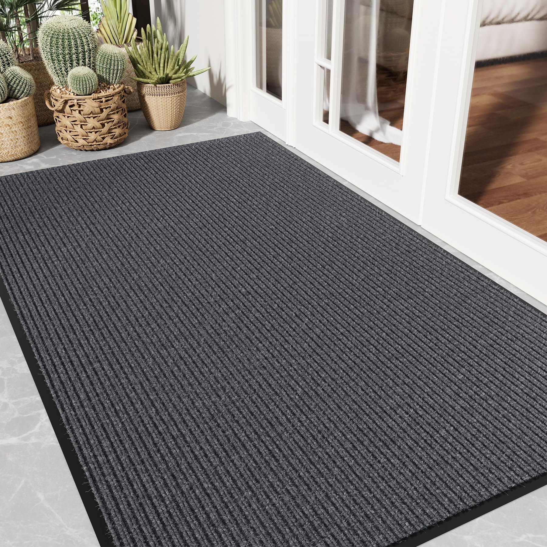 EZ2LIVE front door mat 3x5 grey stripe for durable entryway protection