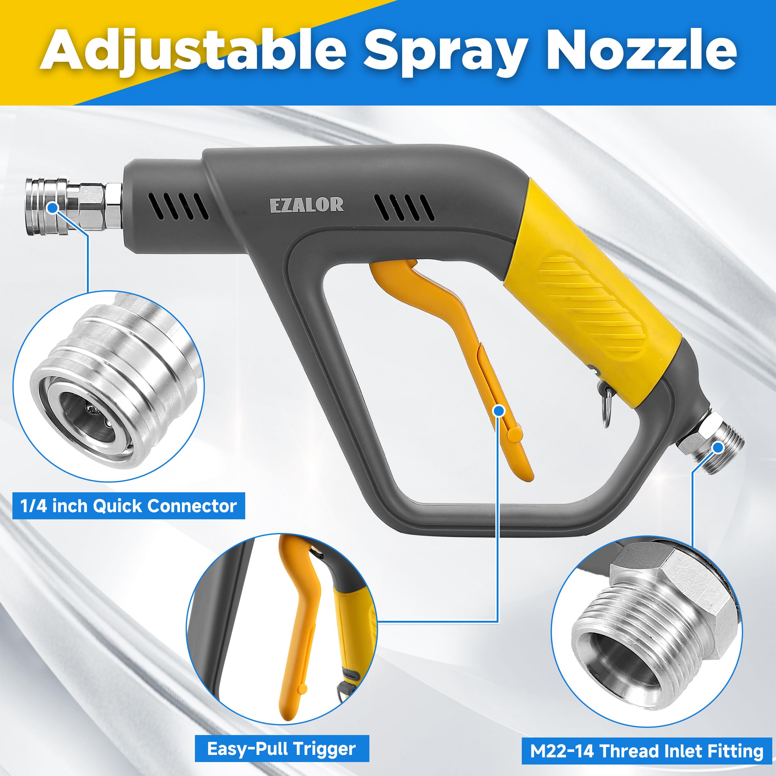 EZALOR ergonomic gun grip offers comfortable use during long washes.