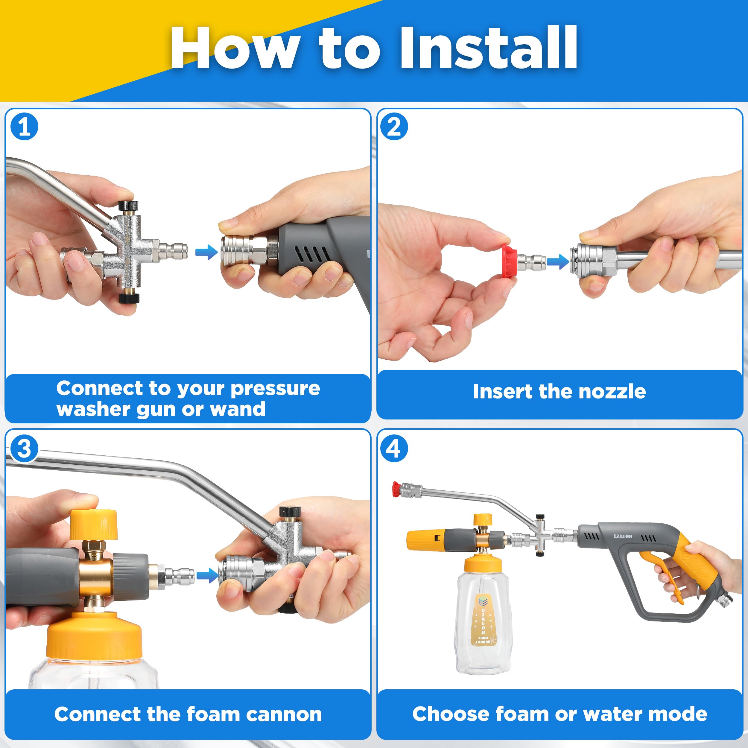 EZALOR five nozzle tips cover wide angles for deep cleaning and gentle rinsing.