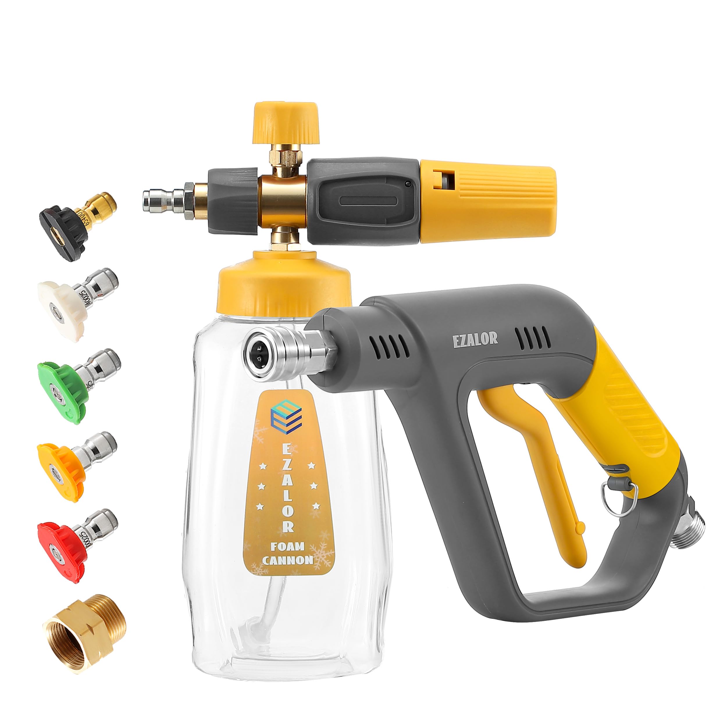EZALOR foam cannon with 1L bottle delivering dense car foam for deep cleaning.