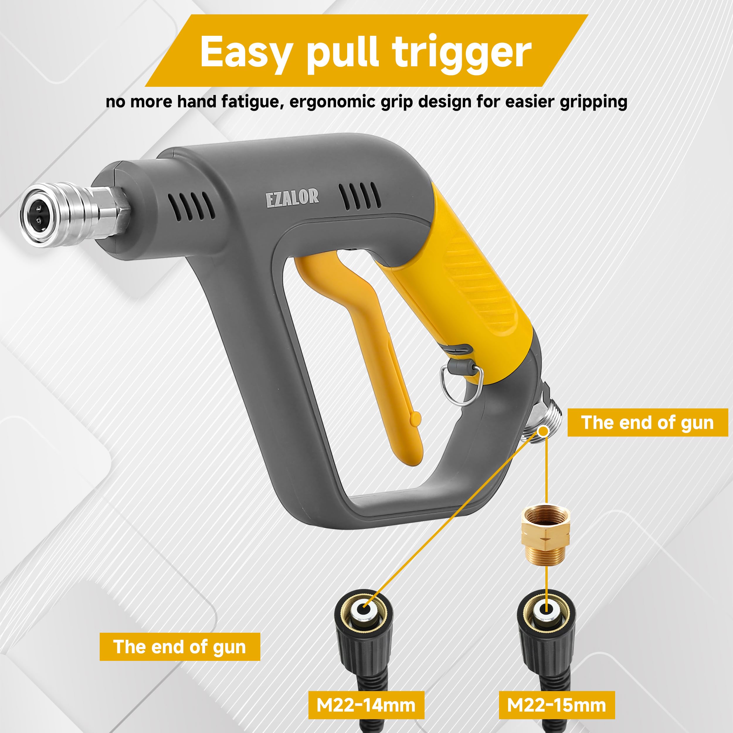 EZALOR 1/4-inch quick connector with M22 fittings for secure hose setup.