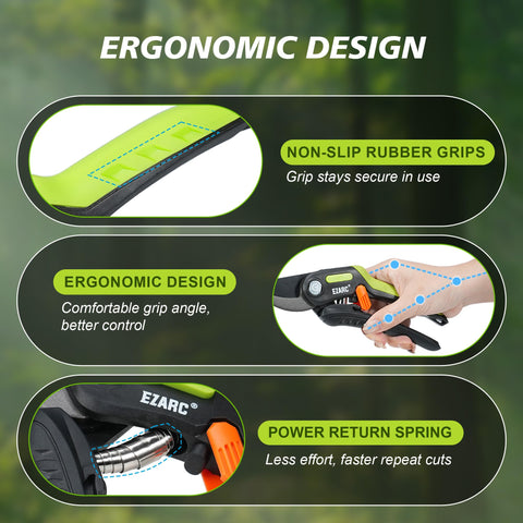 EZARC pruning shears ergonomic rubber handles during use for reduced fatigue