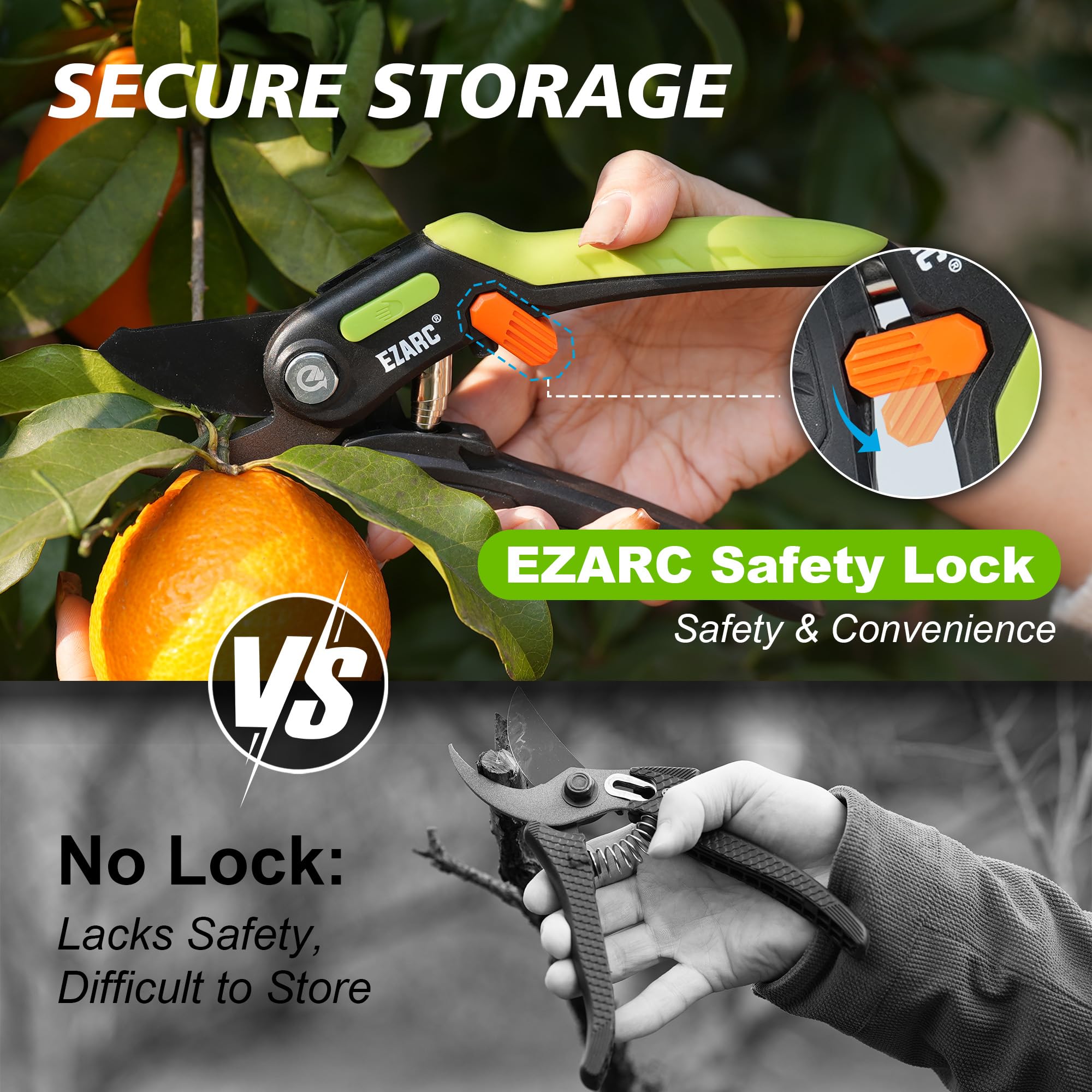 EZARC pruning shears with safety lock engaged for safe storage