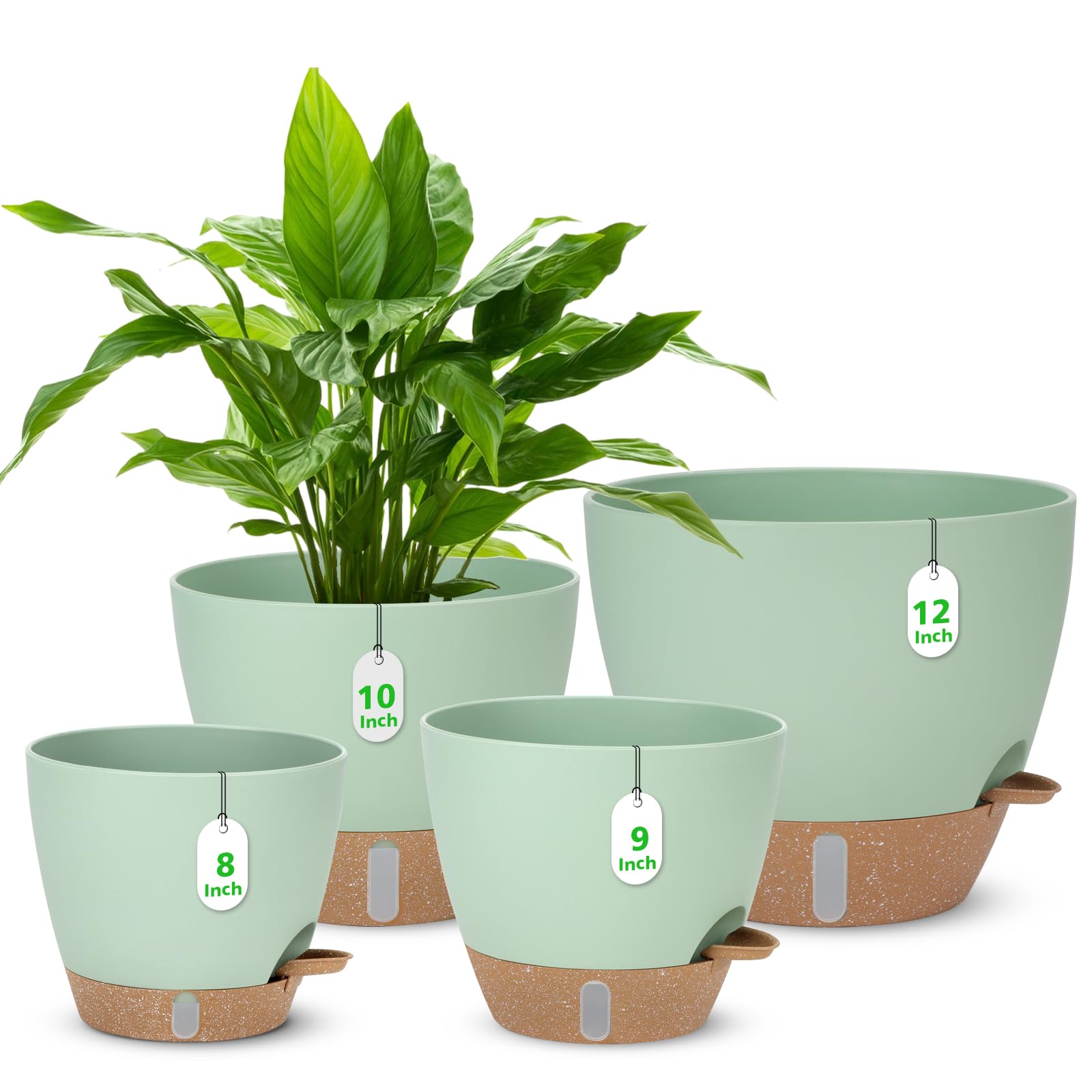 Ezmixcoop 12-inch green self-watering pot for larger indoor plants with water indicator
