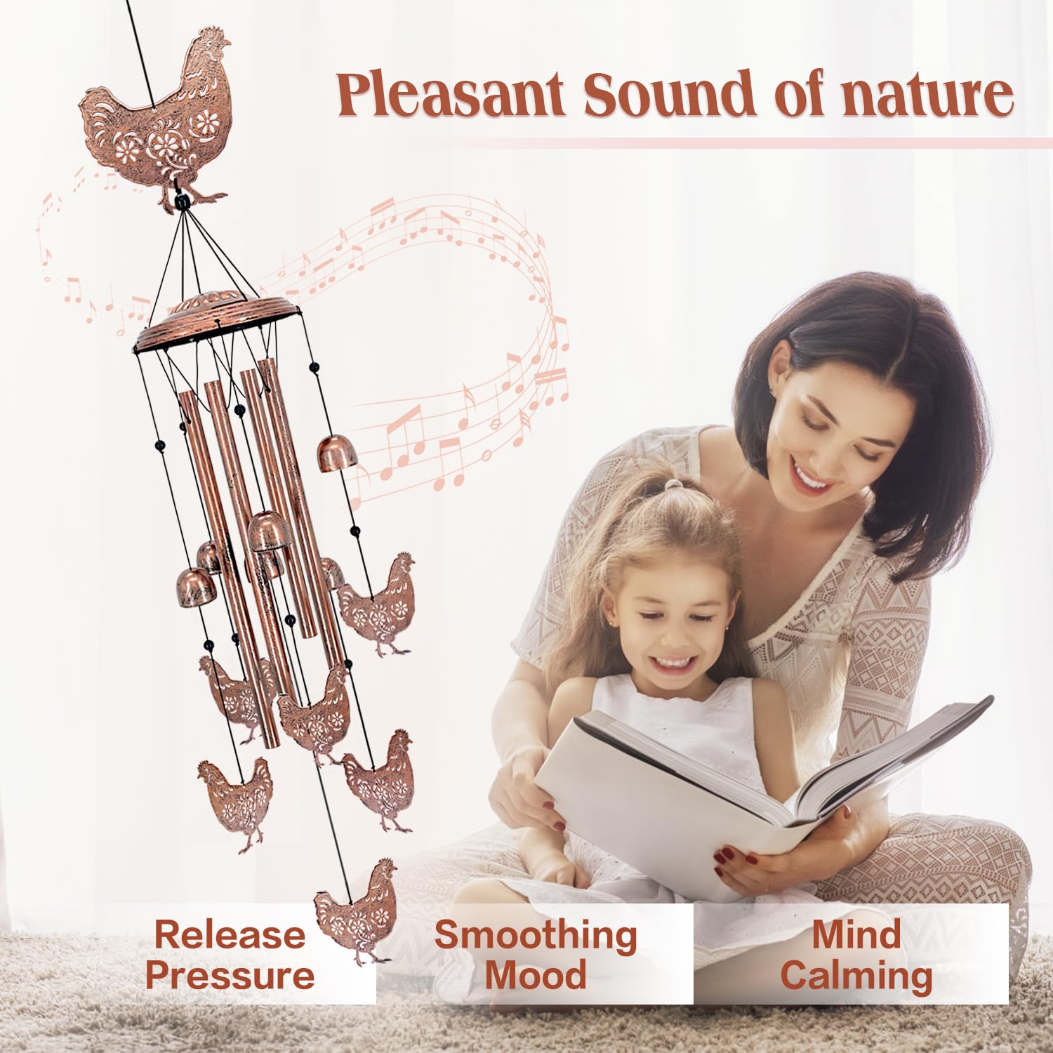 EZTZEN chicken wind chimes close-up highlights durable metal plates.