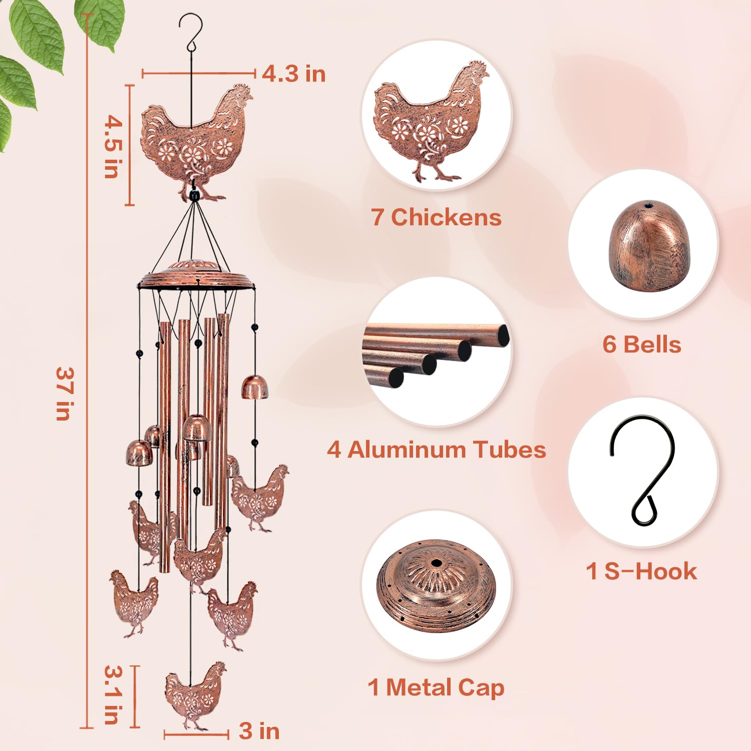 EZTZEN chicken wind chimes sound waves create relaxing outdoor music near the porch.