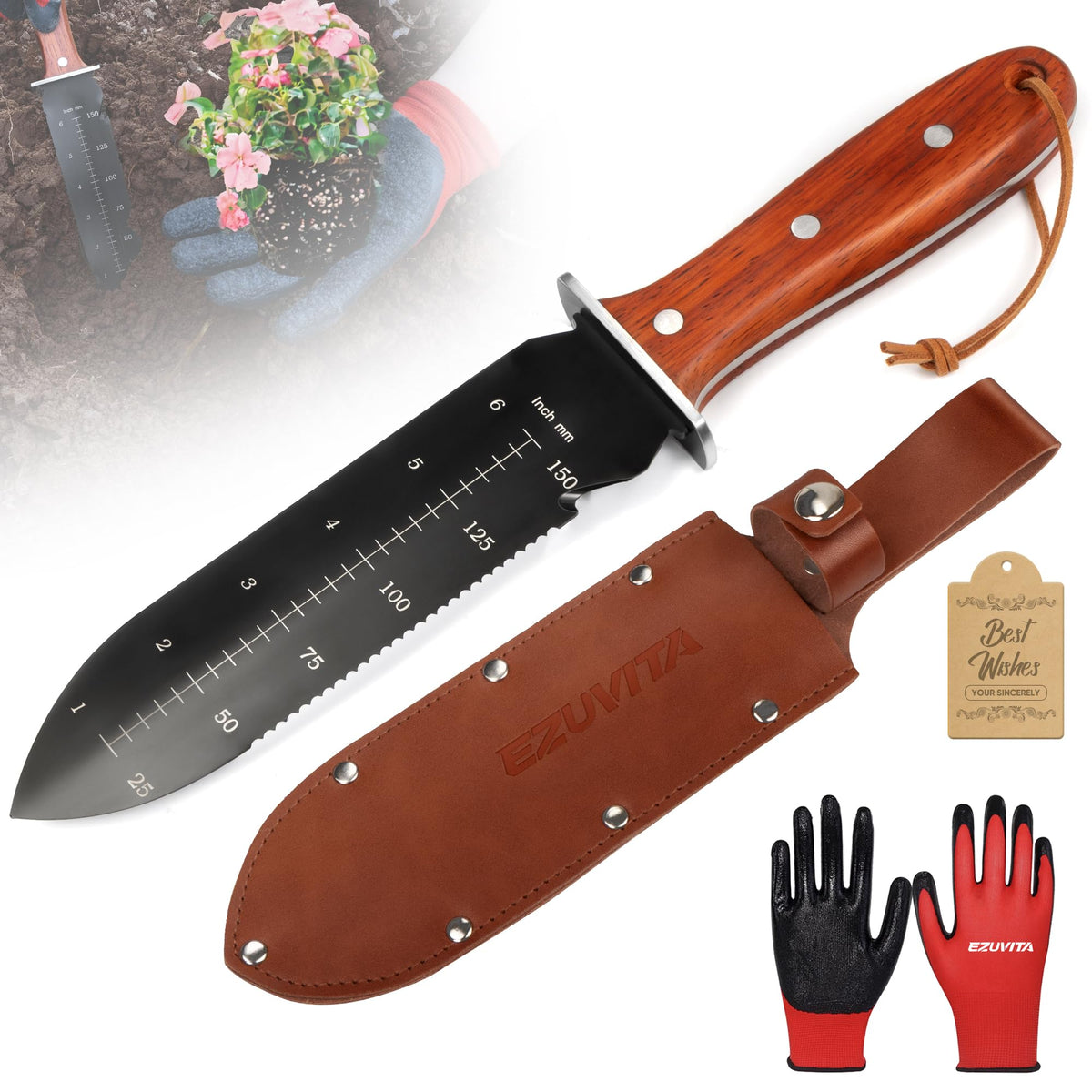 EZUVITA Hori Hori garden knife blade profile for precise soil cuts