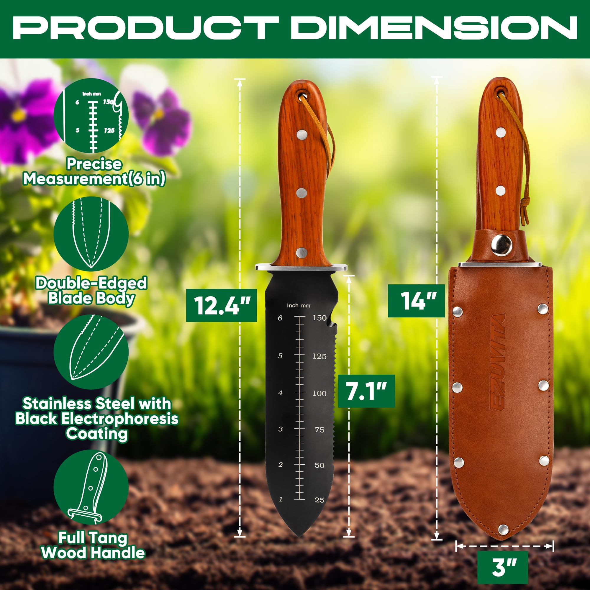 EZUVITA Hori Hori full tang wood handle for comfortable control