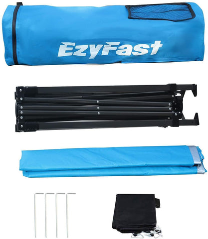 EzyFast included weight bags and stakes secure shelter on uneven ground.