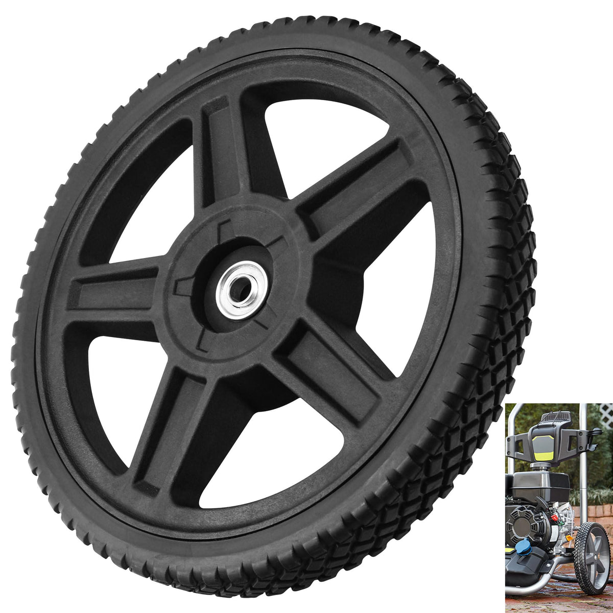 EZYPak replacement wheel, 12-inch diameter, for smooth pressure washer mobility.