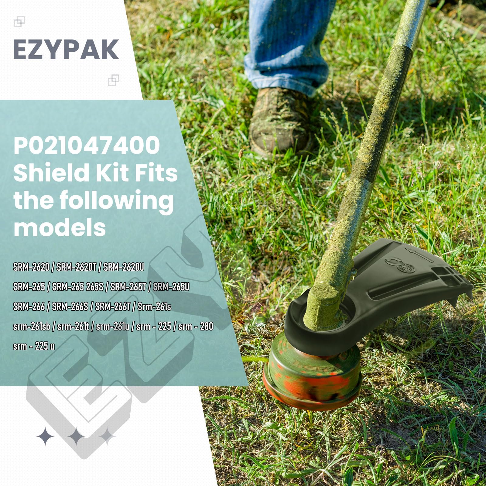 EZYPak shield kit packaging shows clear fitment notes for brushcutters and weed whackers
