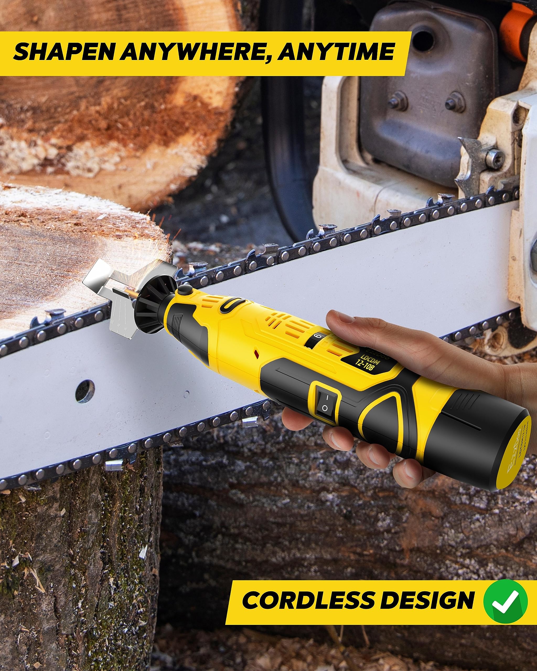 EzzDoo 12V battery-powered sharpener for quick on-site chainsaw maintenance