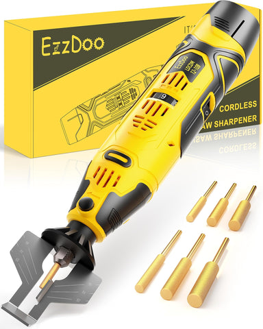 EzzDoo cordless chainsaw sharpener in action on a log, portable power