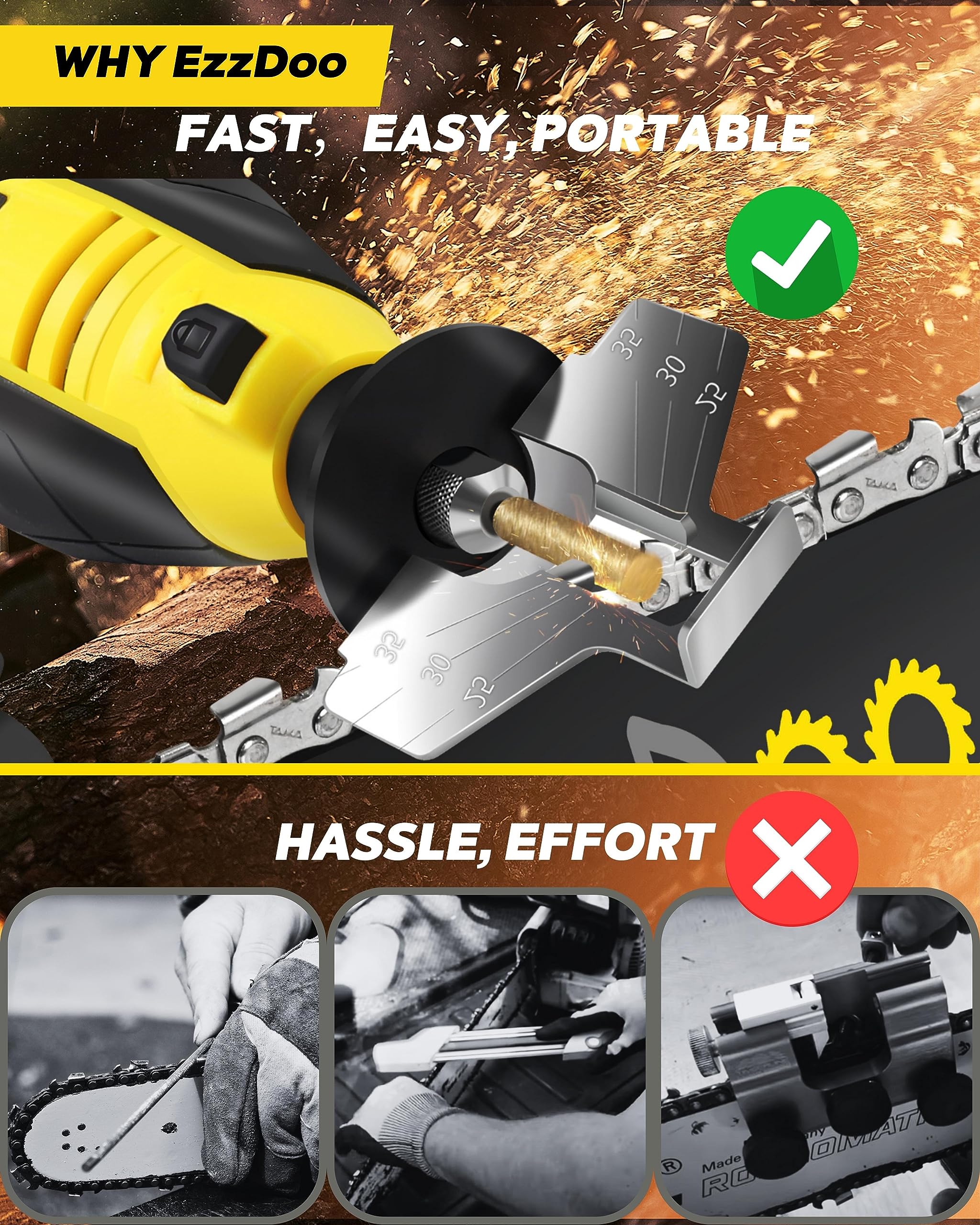 EzzDoo design sharpens without removing the chain, saving time