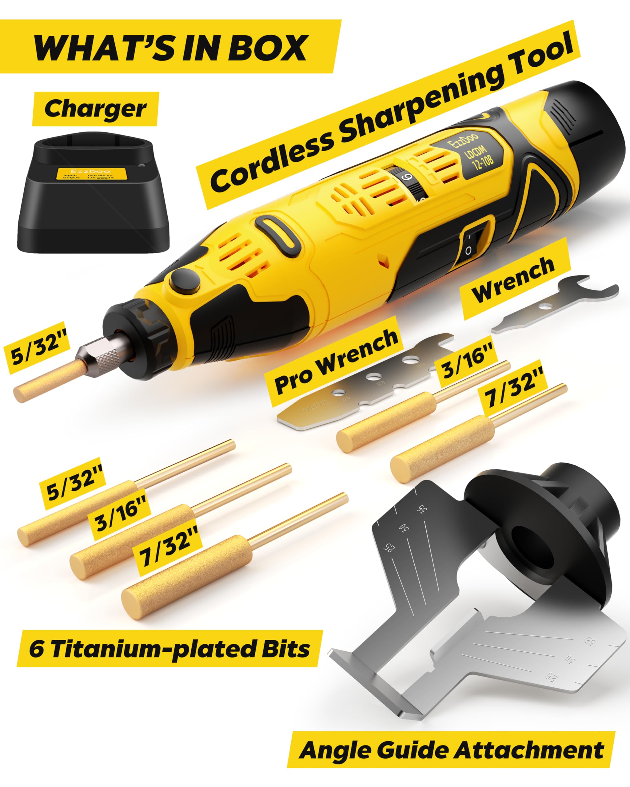 EzzDoo sharpener with six titanium-coated diamond bits for versatile sharpening