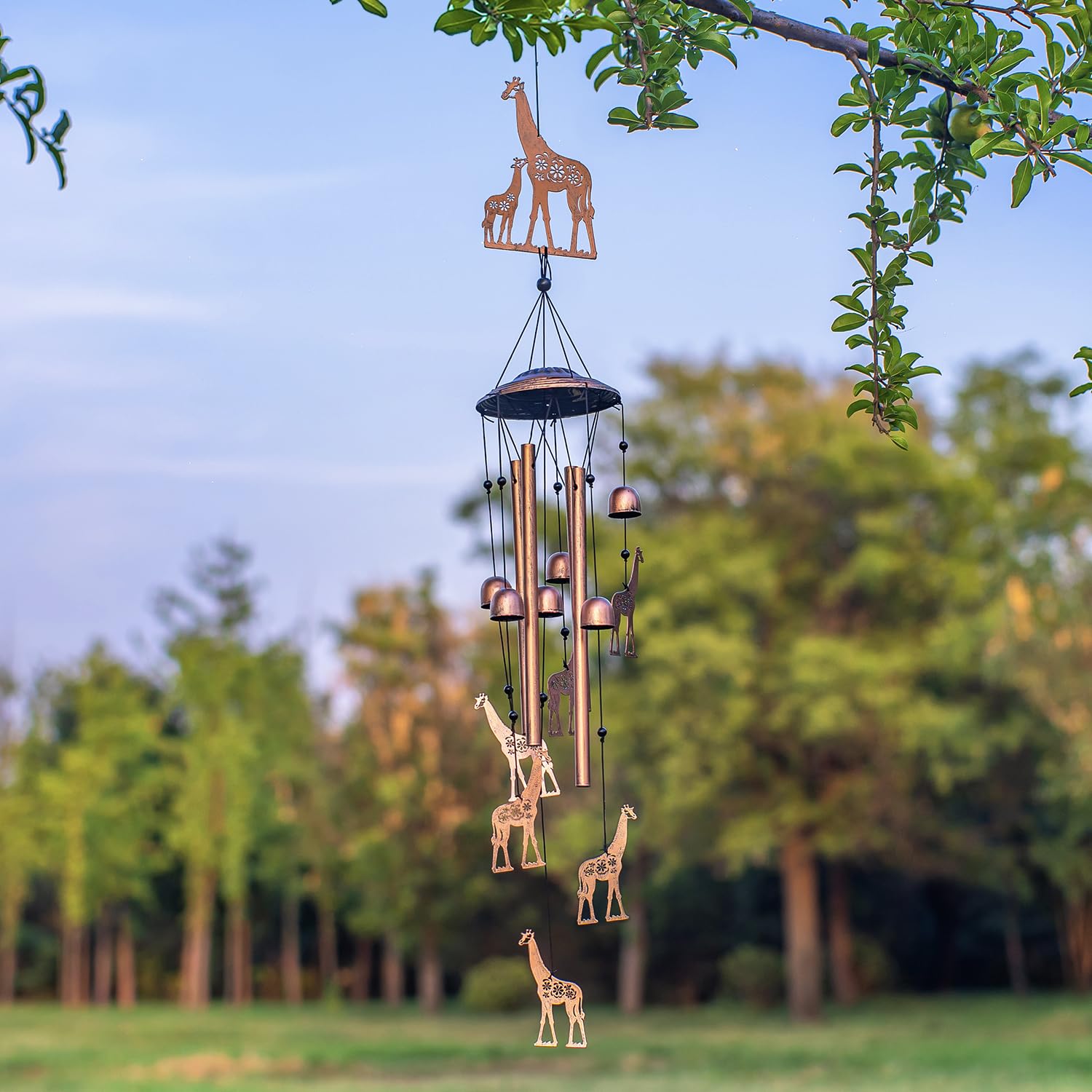 EZTZEN giraffe wind chime closeup of metal tubes delivering crisp melodies.