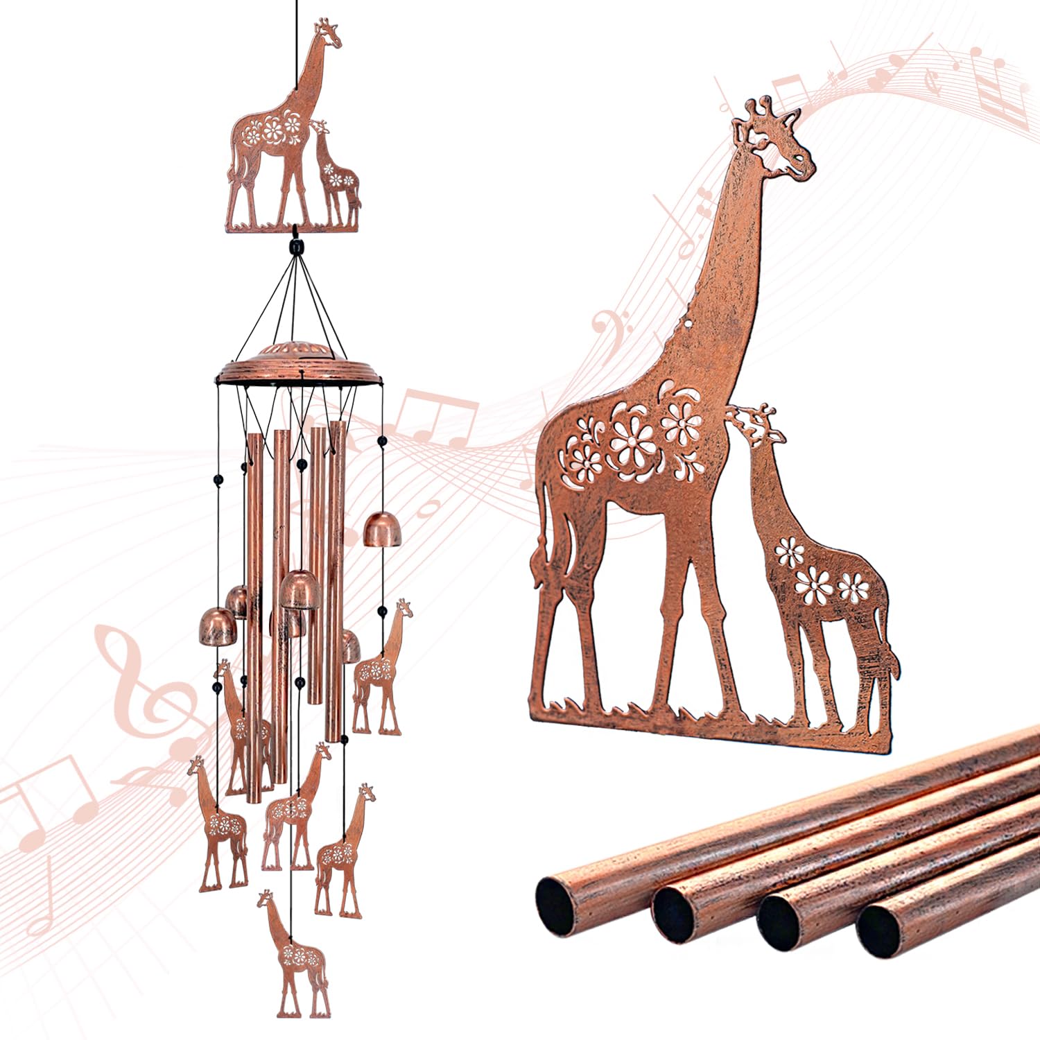 EZTZEN giraffe wind chime outdoors, handmade art with calming tones for patios.