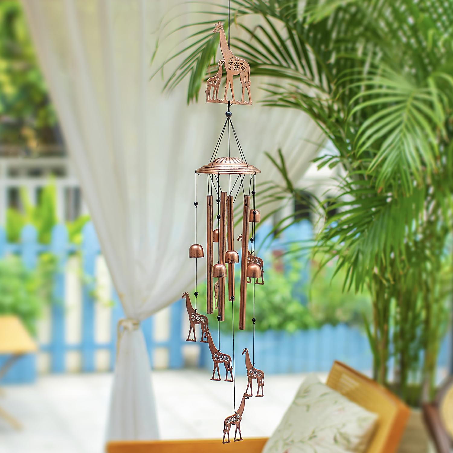 EZTZEN giraffe wind chime S-hook and top cover visible, easy hanging.
