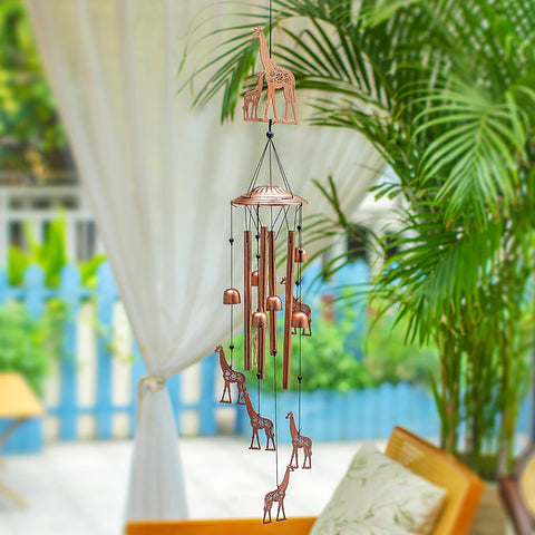 EZTZEN giraffe wind chime S-hook and top cover visible, easy hanging.