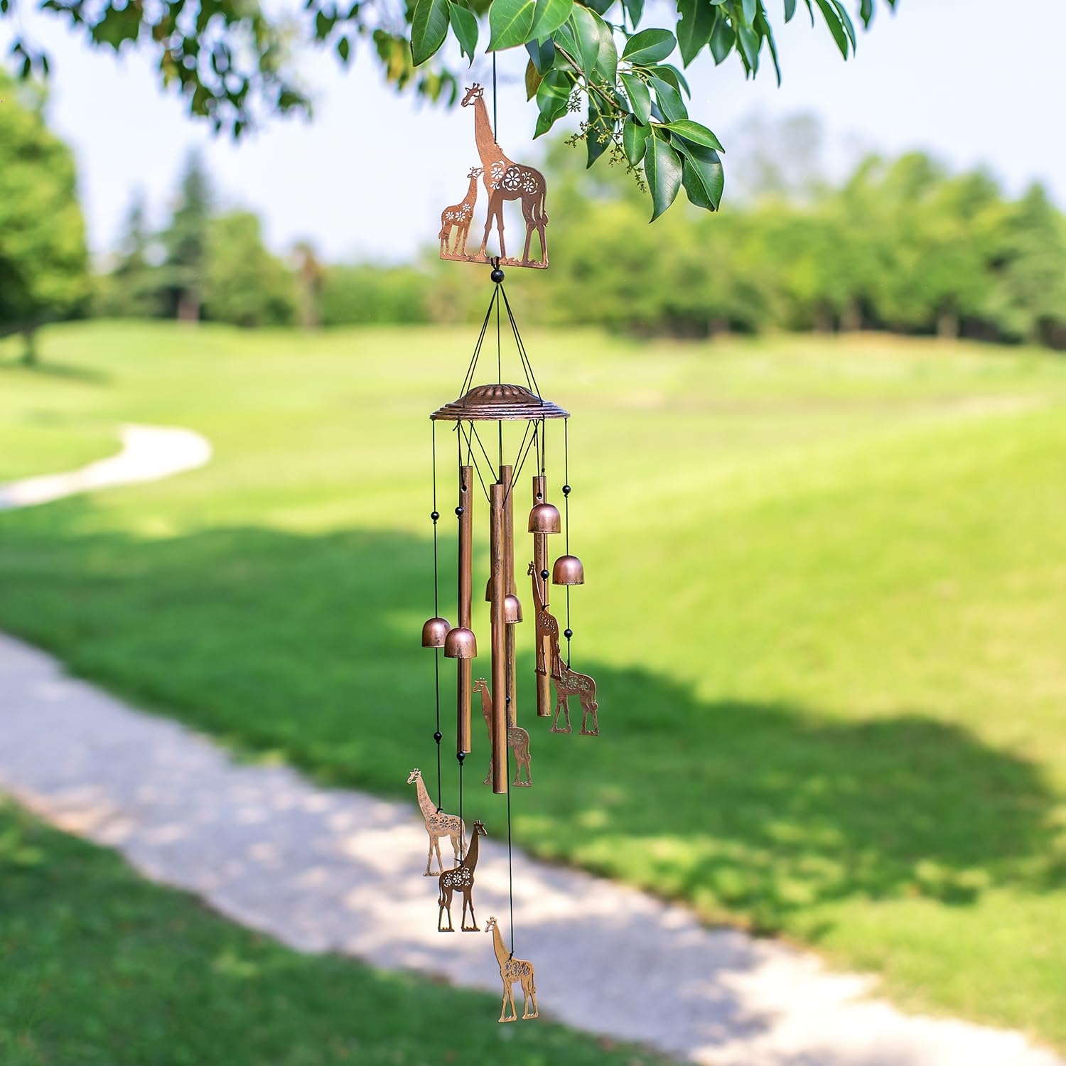 EZTZEN giraffe wind chime ready for garden display, weather resistant.