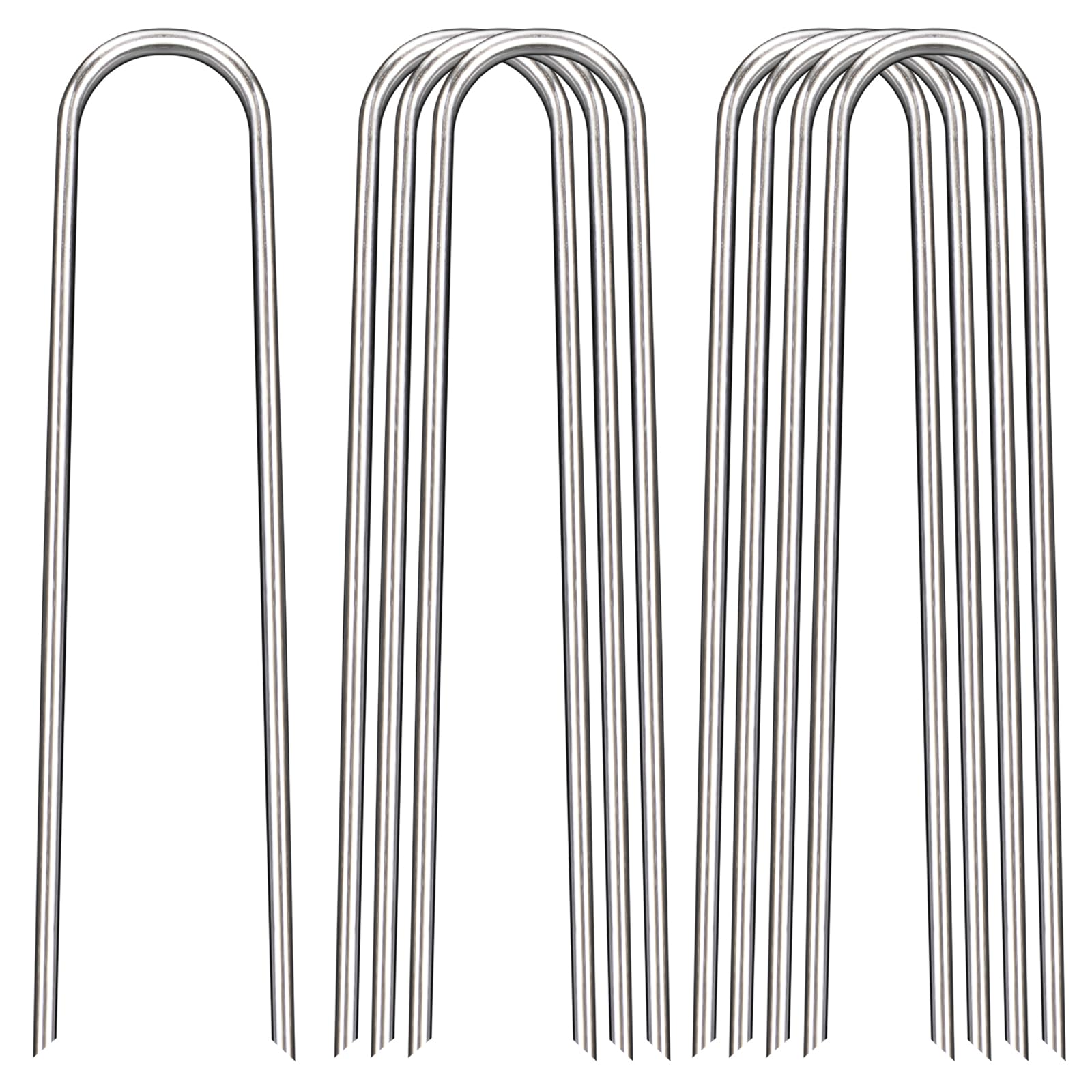 FAAYUCK 8-inch landscape stakes in ground securely hold weed barrier.