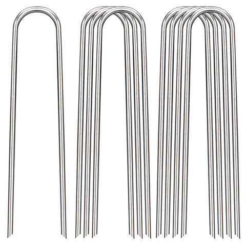 FAAYUCK 8-inch landscape stakes in ground securely hold weed barrier.