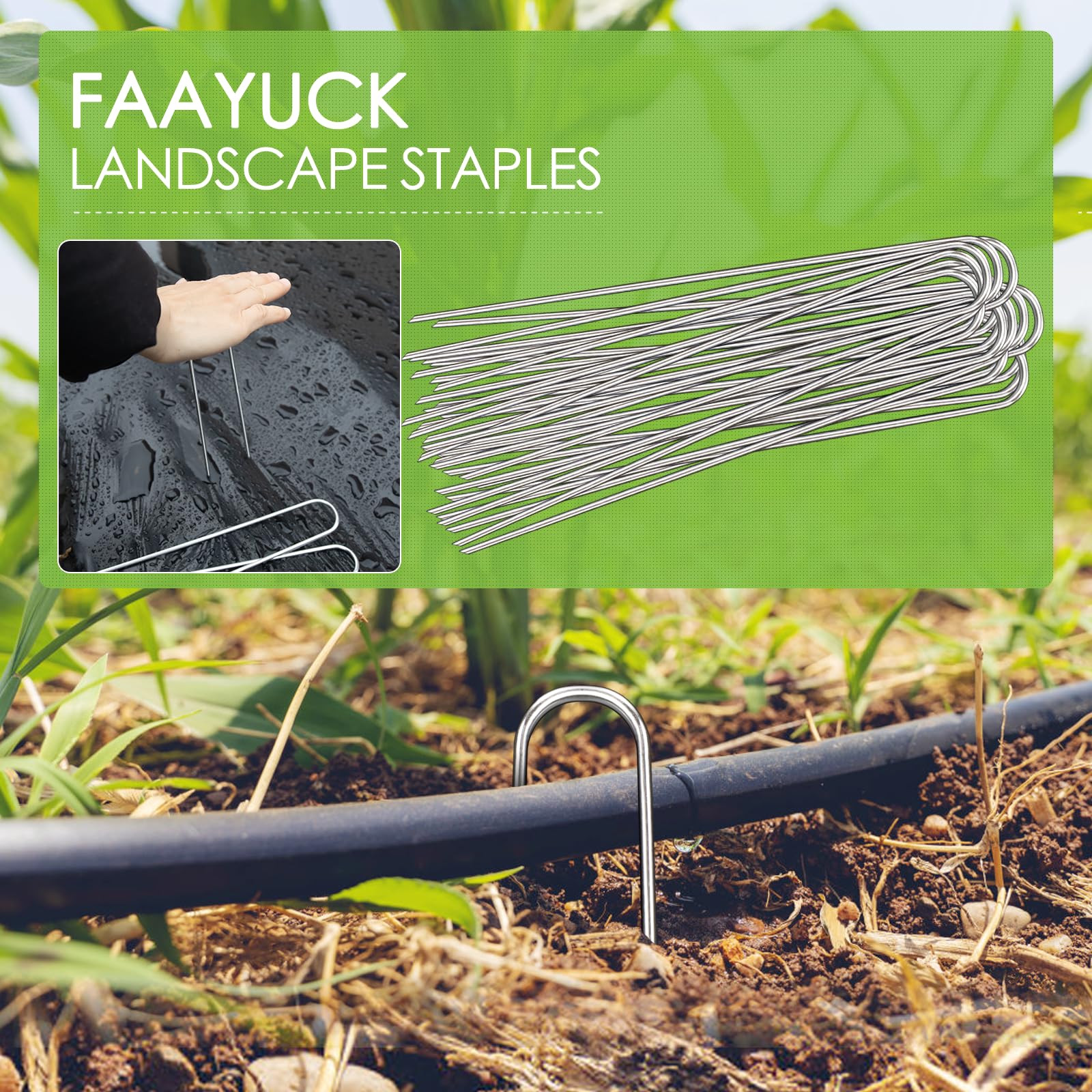 FAAYUCK multi-purpose stakes fix landscape fabric and hoses securely.
