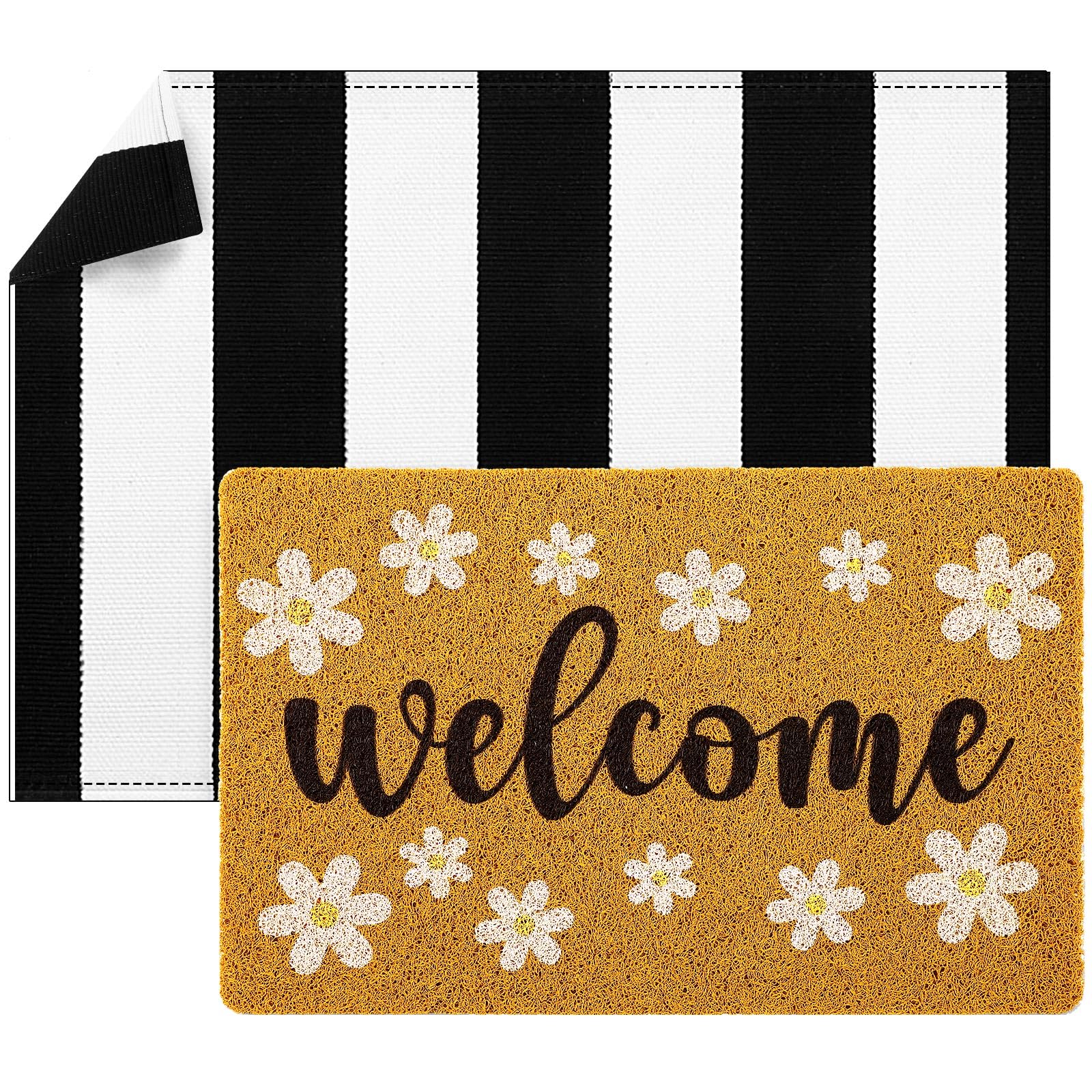 Fabbay daisy doormat welcome closeup with inviting embroidery for a warm entryway