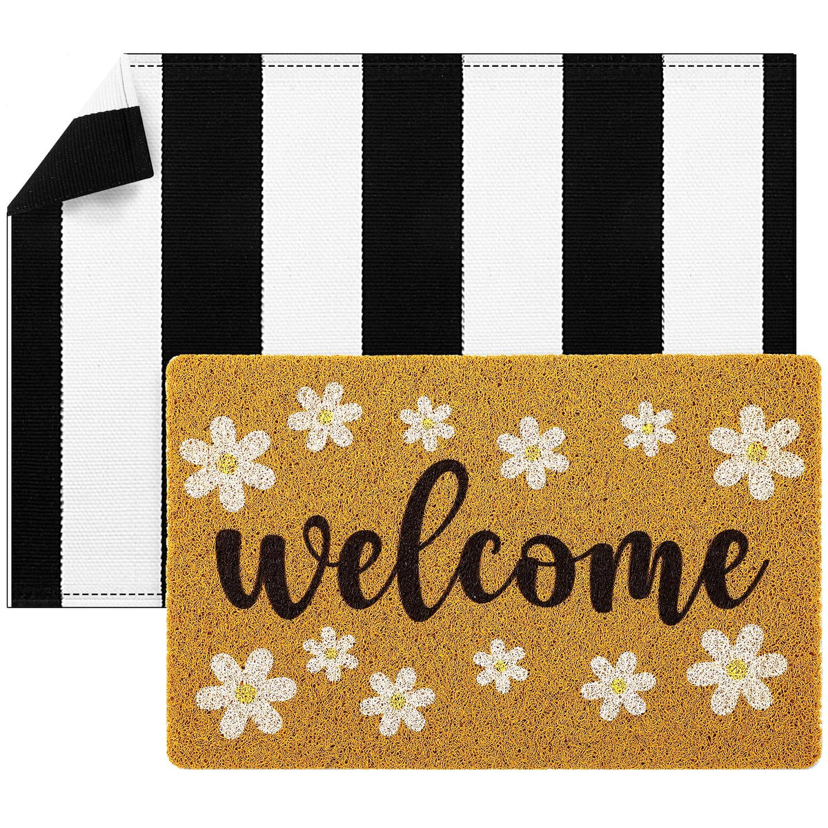 Fabbay daisy doormat welcome closeup with inviting embroidery for a warm entryway