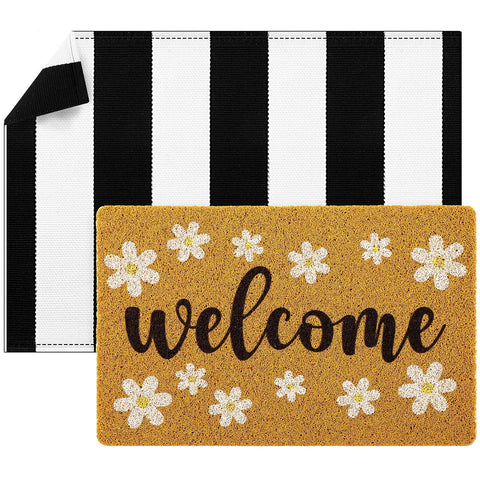 Fabbay daisy doormat welcome closeup with inviting embroidery for a warm entryway