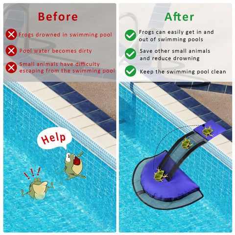 Fabflame dark-blue critter saver ramp beside a pool demonstrates easy setup
