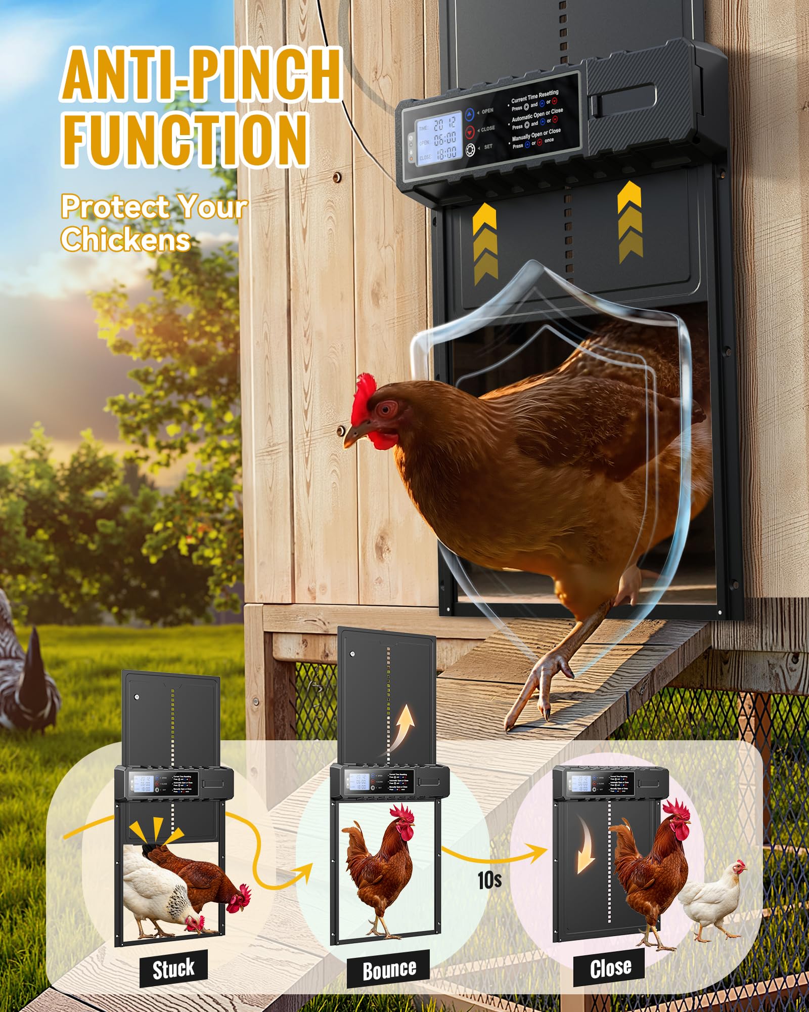 FabStyl anti-pinch safety reverses on contact to protect hens.
