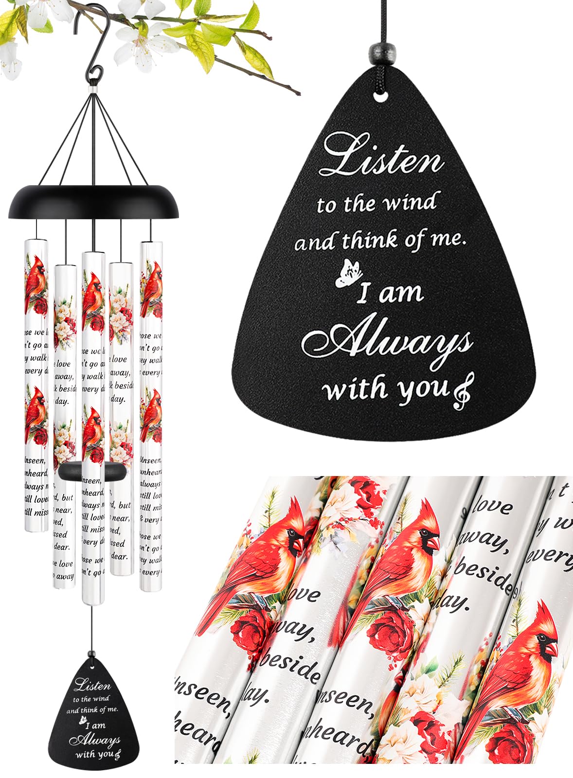 Fabuday memorial wind chimes with cardinal graphics on tubes evoke comforting memories