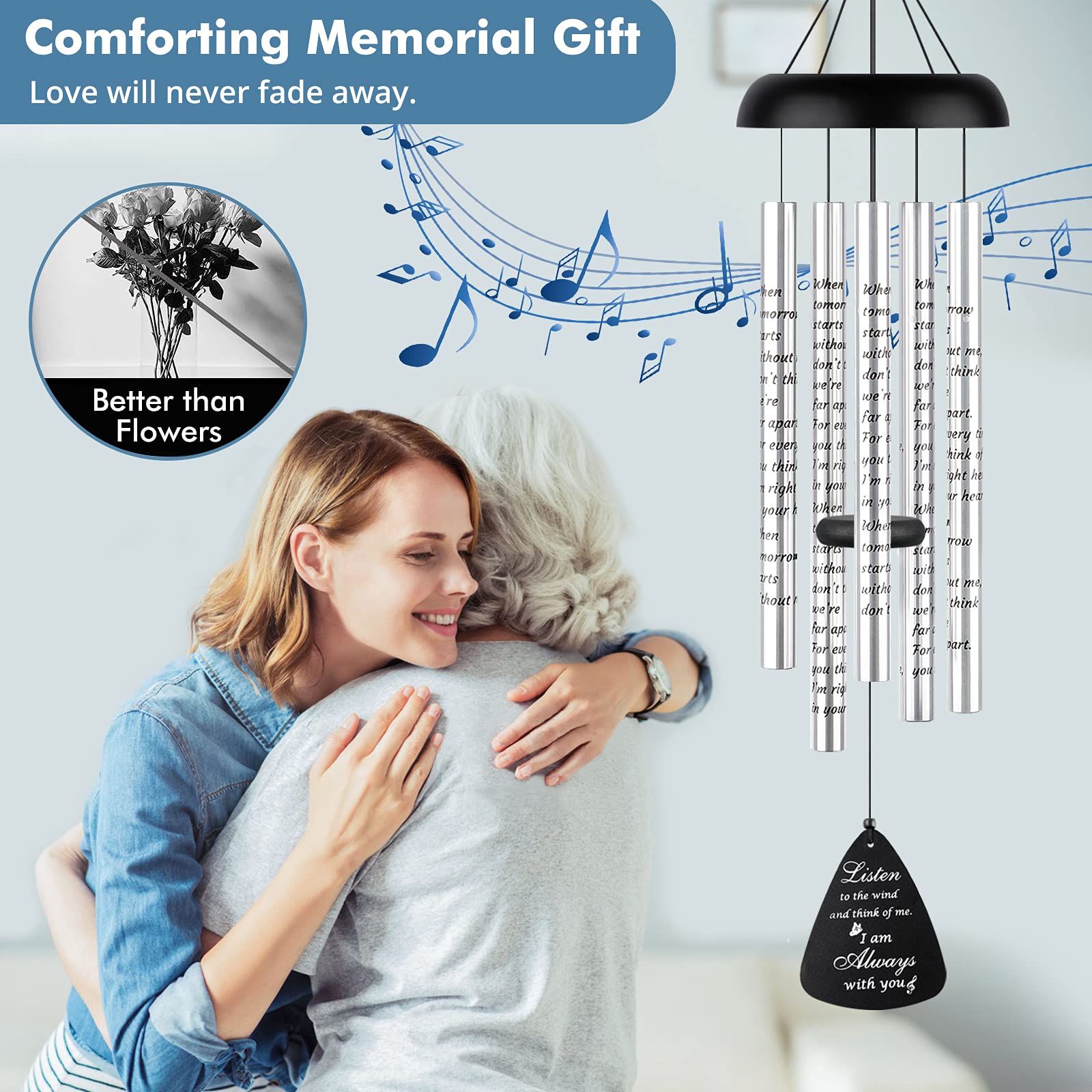 Fabuday memorial wind chimes with printed poem for comforting memories.