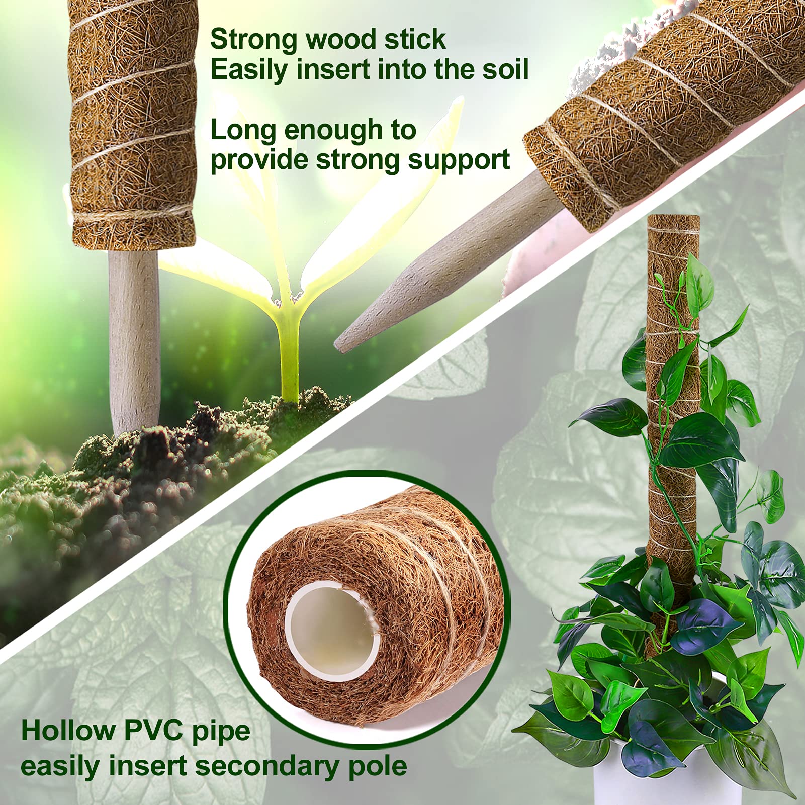 Extendable moss pole design allows stacking to reach growing height