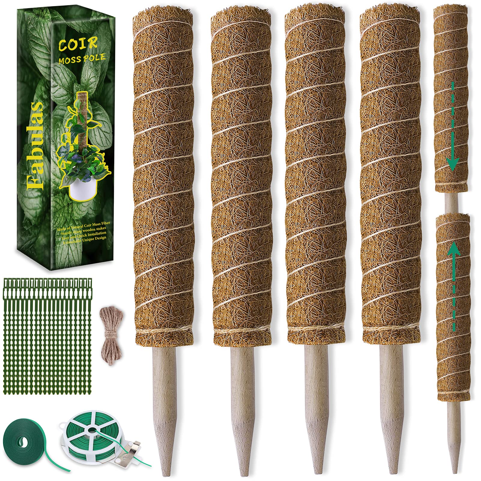 Fabulas moss pole packaging shows four poles and accessories for easy setup