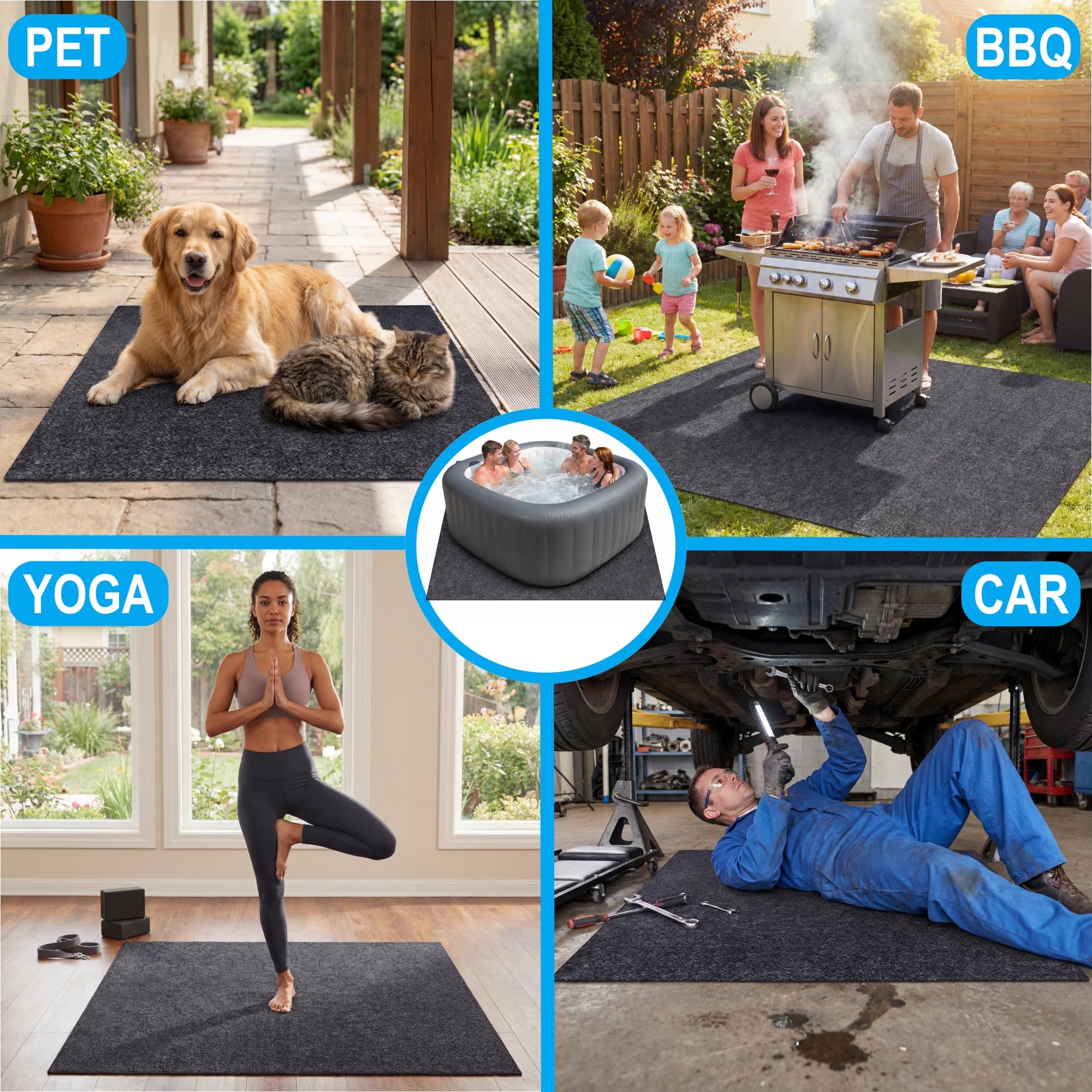 FACAINCXS indoor-outdoor-ready mat suits hot tubs, pools, and barbecues.