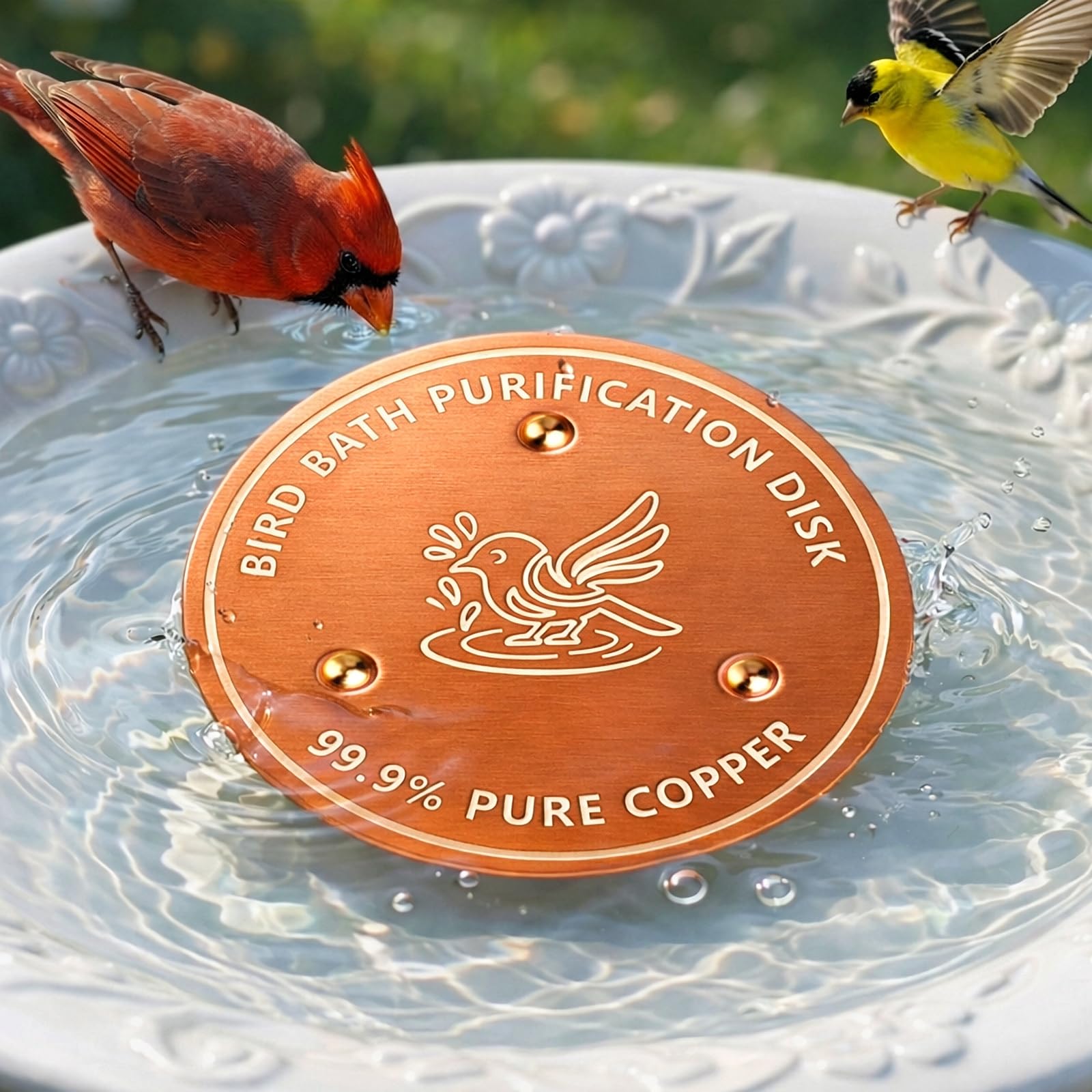 Factee Bird Bath Copper Disk bottom view shows stable placement in a stone bath.
