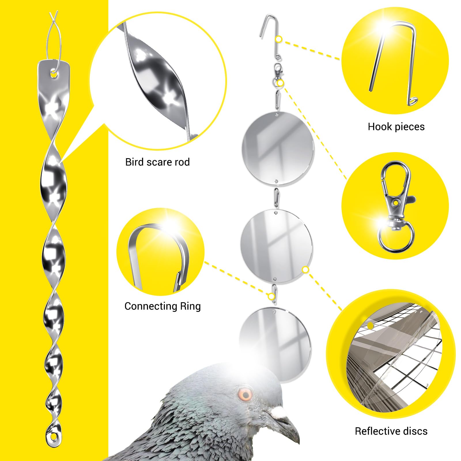 Factee Bird Scare Rod and Disc setup shows two sided reflective surfaces