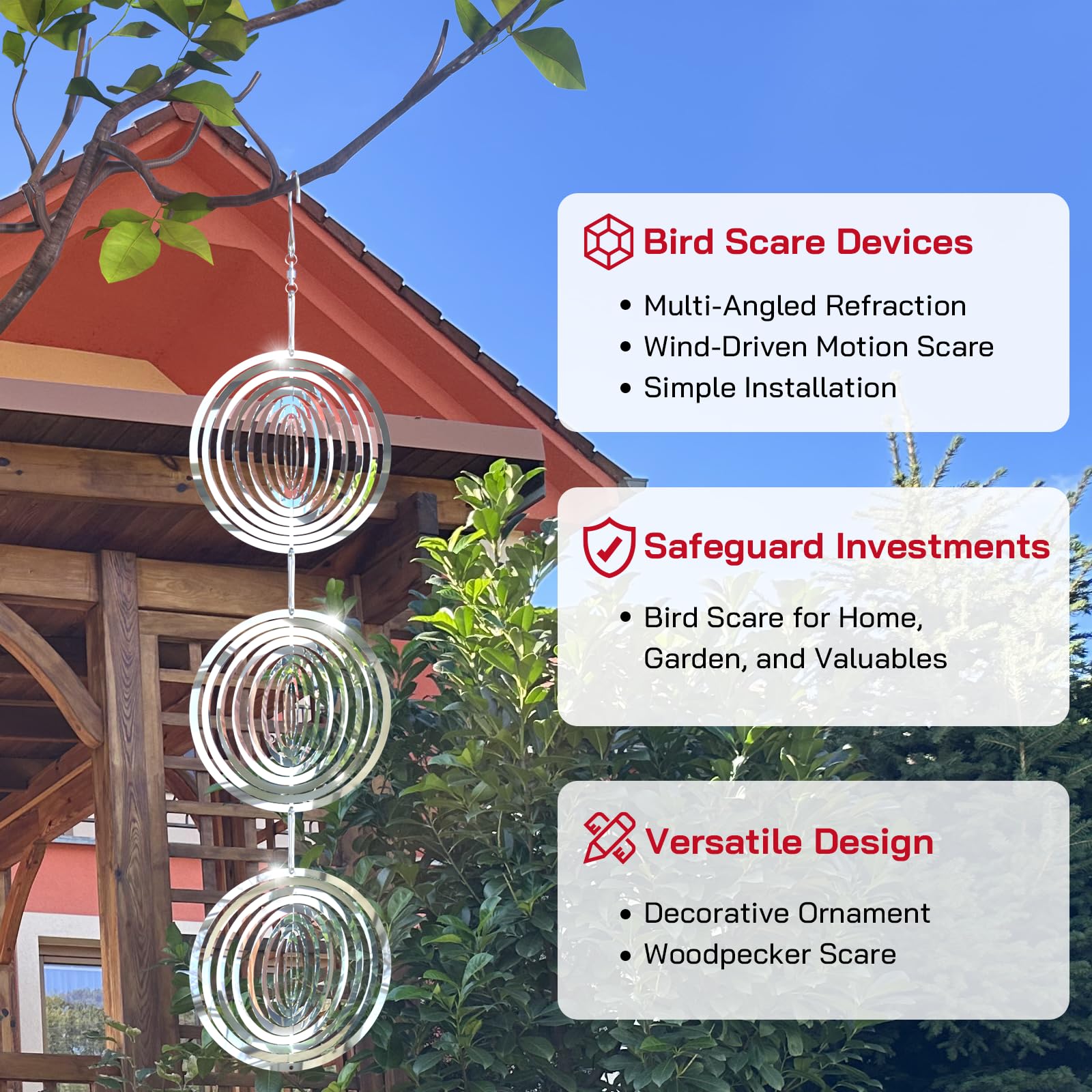 Factee stainless steel wind spinner assembly boosts outdoor decor and bird deterrence.