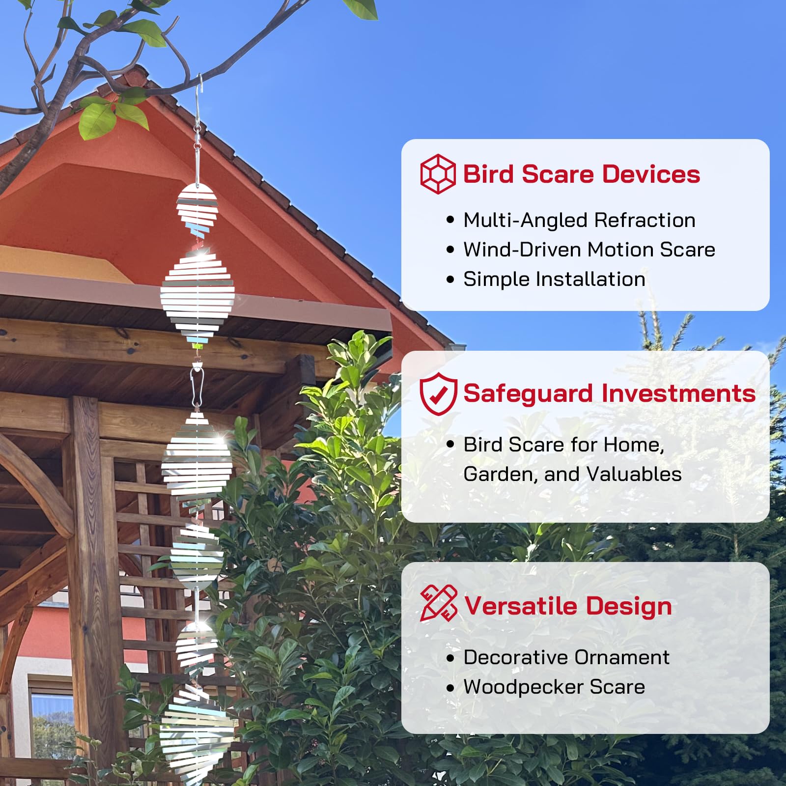 Factee stainless steel wind spinner reflects sunlight to gently deter birds.