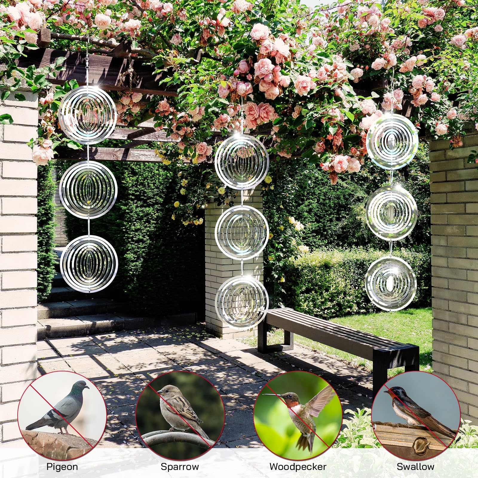 Factee sunlit reflection deters birds on patios and balconies.