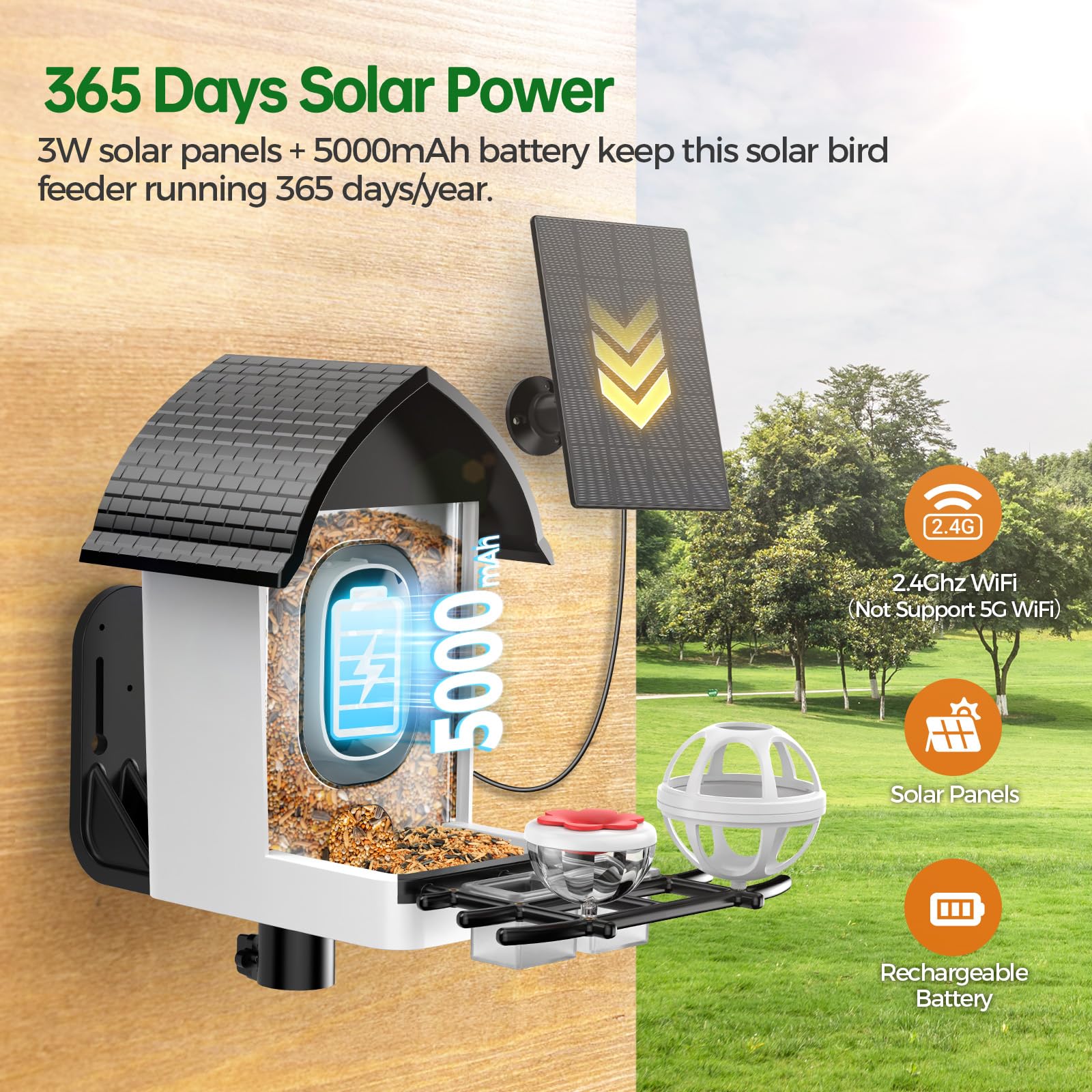 IP65 weatherproof housing shields Faddial bird feeder in rain or snow