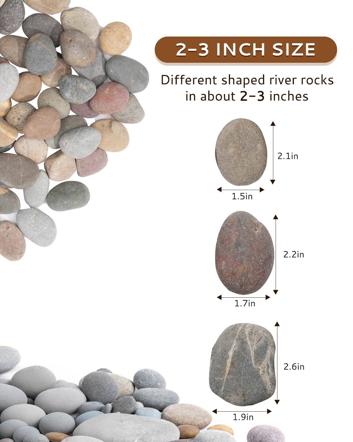 Fahaxiki river rocks for pond edges; natural hues support tidy, weed-preventive landscaping.
