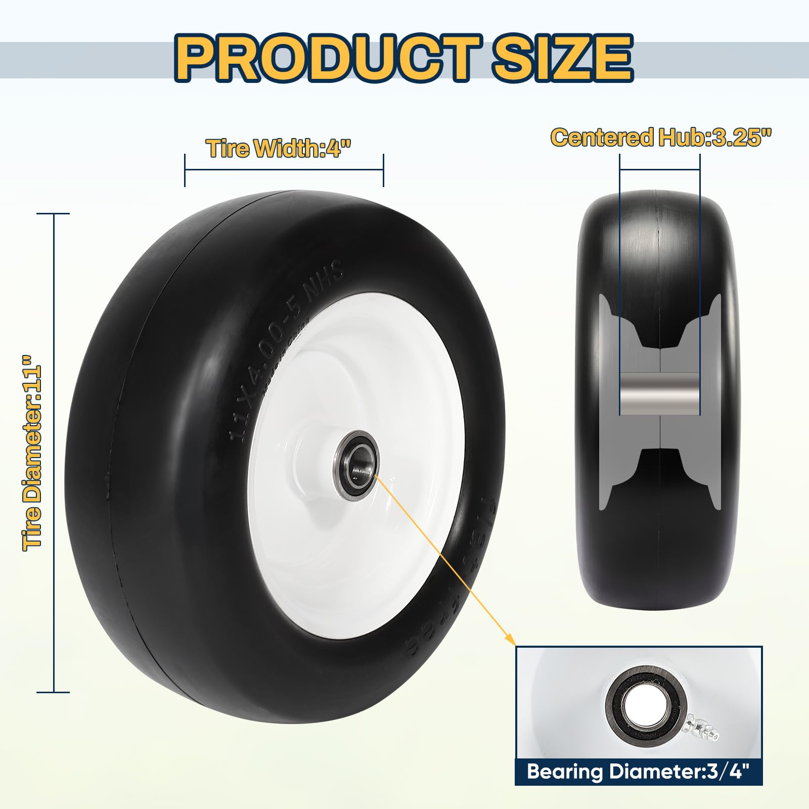 FAHKNS 11x4-5 flat free tire front view with compact, non-marking tread on grass
