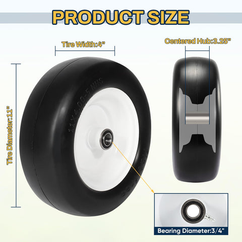 FAHKNS 11x4-5 flat free tire front view with compact, non-marking tread on grass