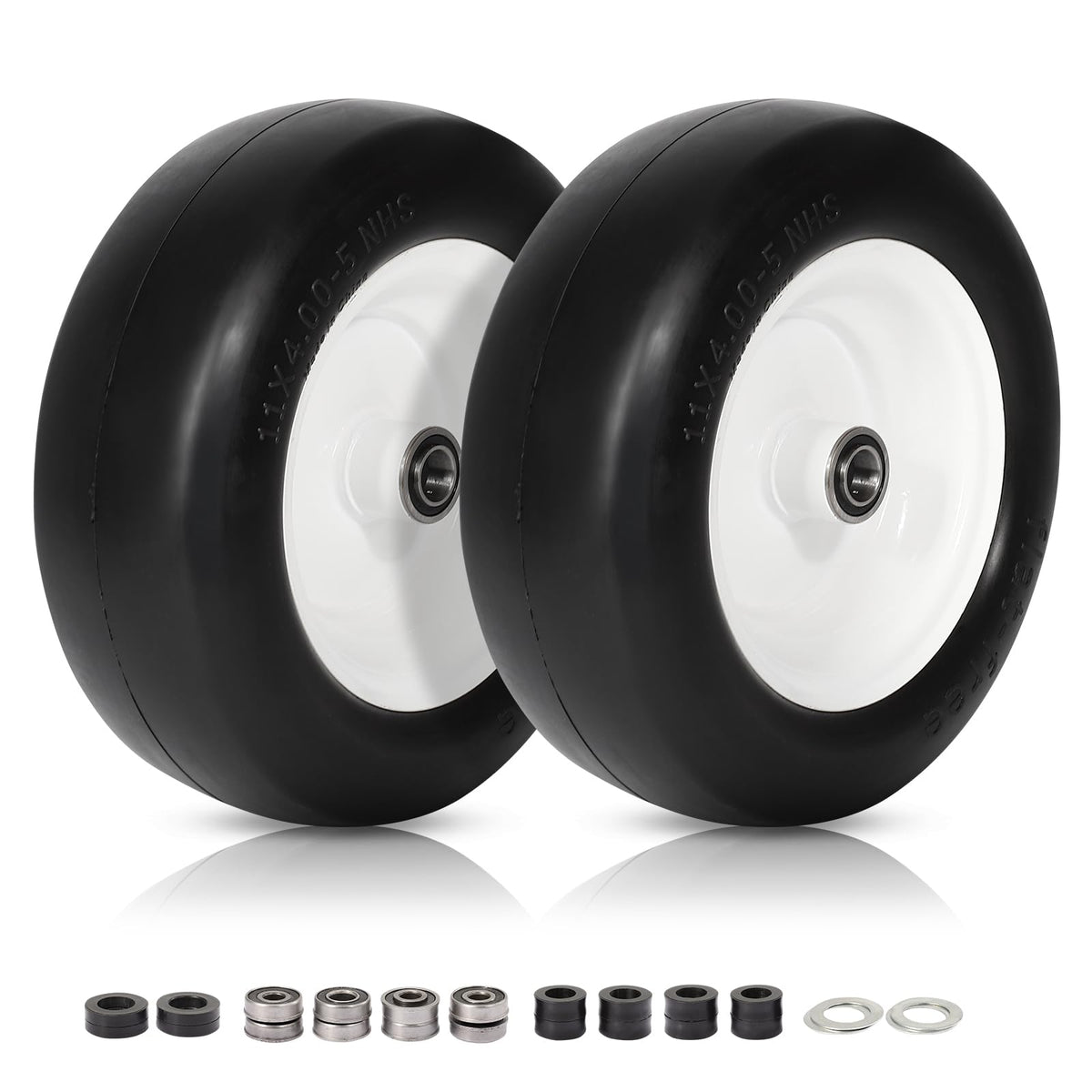 FAHKNS 11x4-5 flat free tire side view showing puncture-free design for lawns
