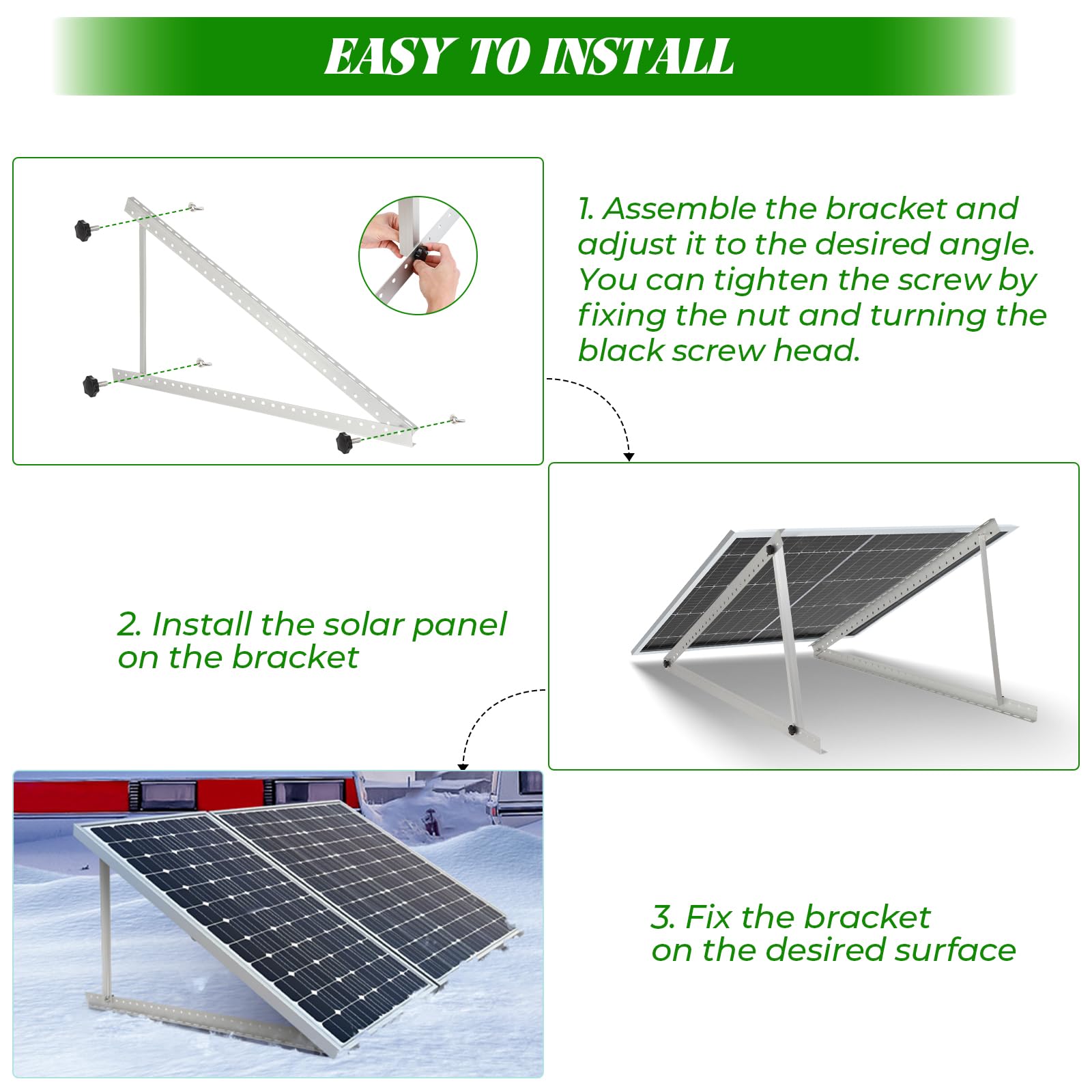 Versatile ground-mount design suitable for RVs, ships, caravans, sheds, and flat surfaces.