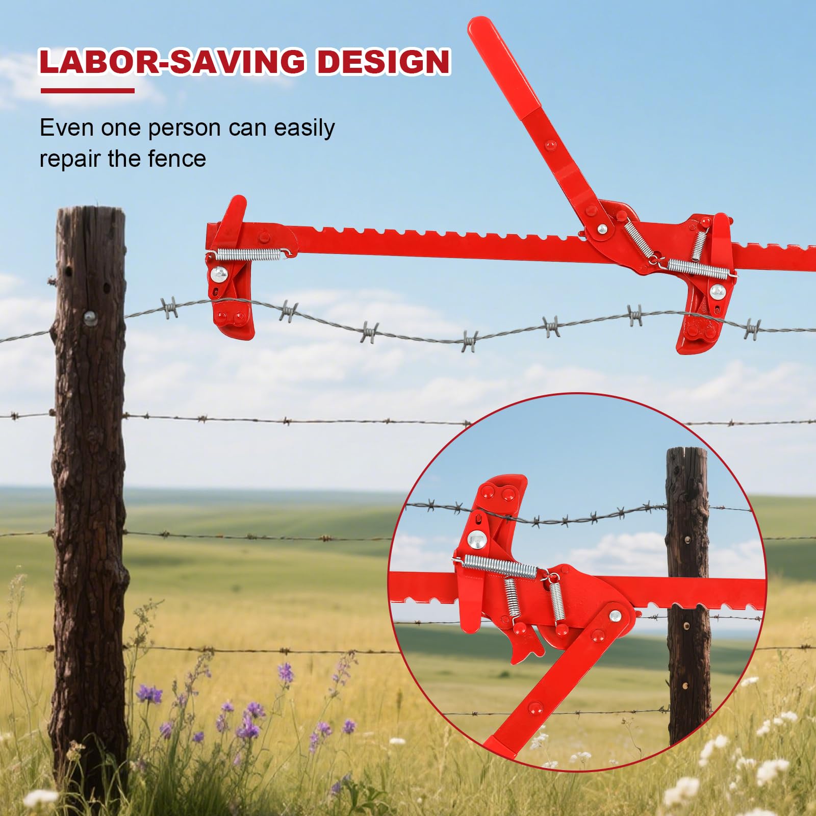 FAHKNS wire stretcher with barbed-wire attachment for stable installation.